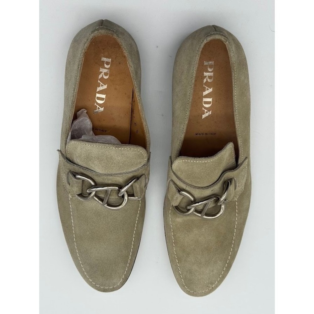 Prada Mens Olive Green Suede Chain Link Bit Loafers Made in Italy Size‎ 6.5 5991